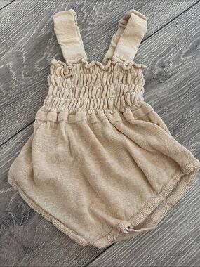 Neutral Beige Smocked Linen Baby Romper